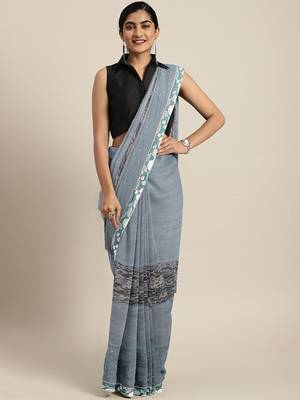 Grey plain lycra saree with blouse 1