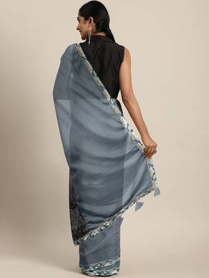 Grey plain lycra saree with blouse 2