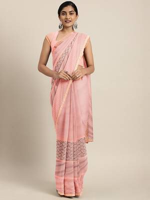 Peach plain lycra saree with blouse 1