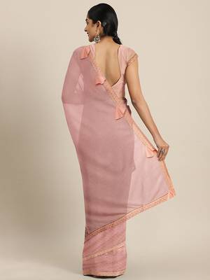Peach plain lycra saree with blouse 2