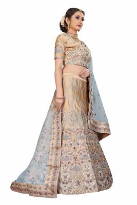 Beige hand embroidery
 satin semi stitched lehenga 1