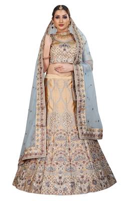 Beige hand embroidery
 satin semi stitched lehenga 2