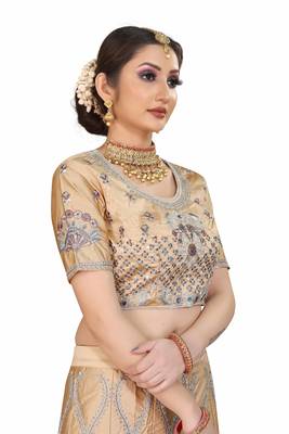 Beige hand embroidery
 satin semi stitched lehenga 3