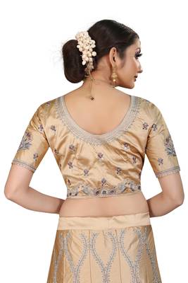 Beige hand embroidery
 satin semi stitched lehenga 9