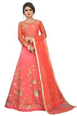 Peach hand embroidery
 chanderi semi stitched lehenga 1