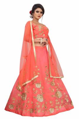 Peach hand embroidery
 chanderi semi stitched lehenga 2