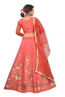 Peach hand embroidery
 chanderi semi stitched lehenga 5