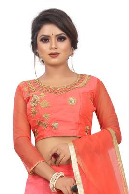 Peach hand embroidery
 chanderi semi stitched lehenga 8