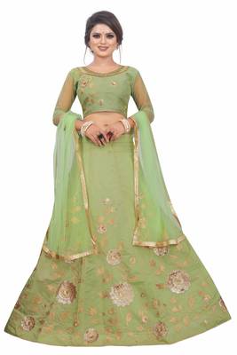Green hand embroidery
 chanderi semi stitched lehenga 2
