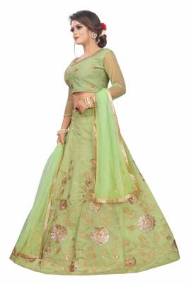 Green hand embroidery
 chanderi semi stitched lehenga 4