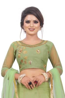 Green hand embroidery
 chanderi semi stitched lehenga 9