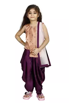 Kids Cotton Silk Brown Top And Purple Patiala Salwar Suit For Girls 