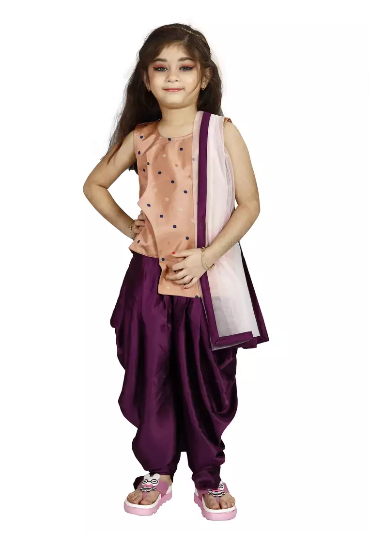Kids Cotton Silk Brown Top And Purple Patiala Salwar Suit For Girls 