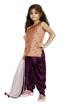 Kids Cotton Silk Brown Top And Purple Patiala Salwar Suit For Girls  2