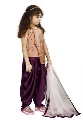 Kids Cotton Silk Brown Top And Purple Patiala Salwar Suit For Girls  3