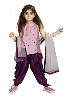 Kids Cotton Silk Pink Top And Purple Patiala Salwar Suit For Girls  1