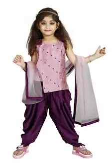 Kids Cotton Silk Pink Top And Purple Patiala Salwar Suit For Girls 