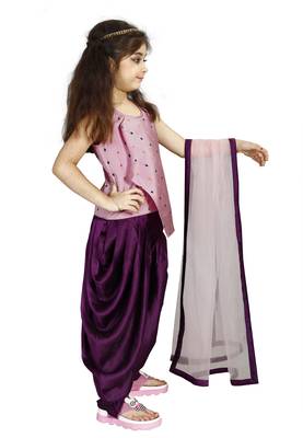 Kids Cotton Silk Pink Top And Purple Patiala Salwar Suit For Girls  2