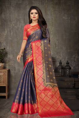 Blue woven banarasi silk saree with blouse 1