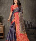 Blue woven banarasi silk saree with blouse
