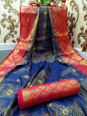 Blue woven banarasi silk saree with blouse 2