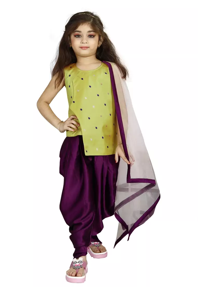 Kids Musterd Top And Purple Patiala Salwar Suit Dress For Girls 