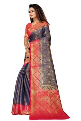 Blue woven banarasi silk saree with blouse 4