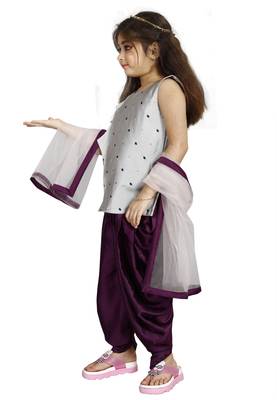 Kids Silver Top And Purple Patiala Salwar Suit Dress For Girls 2