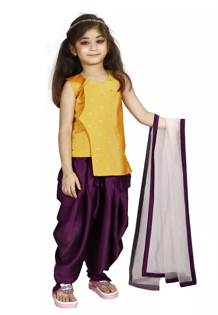 Kids Yellow Top And Purple Patiala Salwar Suit Dress For Girls 