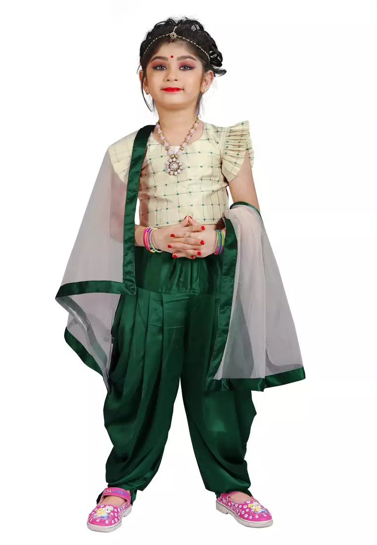 Kids White Blouse And Green Patiala Salwar Suit Dress For Girls 