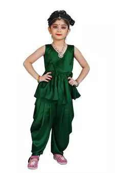 Kids Cotton Silk Green Patiala Salwar Suit Dress For Girls 