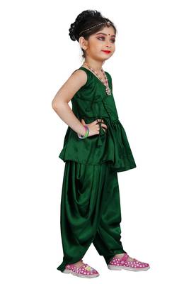 Kids Cotton Silk Green Patiala Salwar Suit Dress For Girls  3