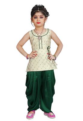 Kids Cotton Silk White Top And Green Patiala Salwar Suit Dress For Girls  1