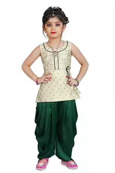Kids Cotton Silk White Top And Green Patiala Salwar Suit Dress For Girls 
