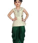 Kids Cotton Silk White Top And Green Patiala Salwar Suit Dress For Girls 