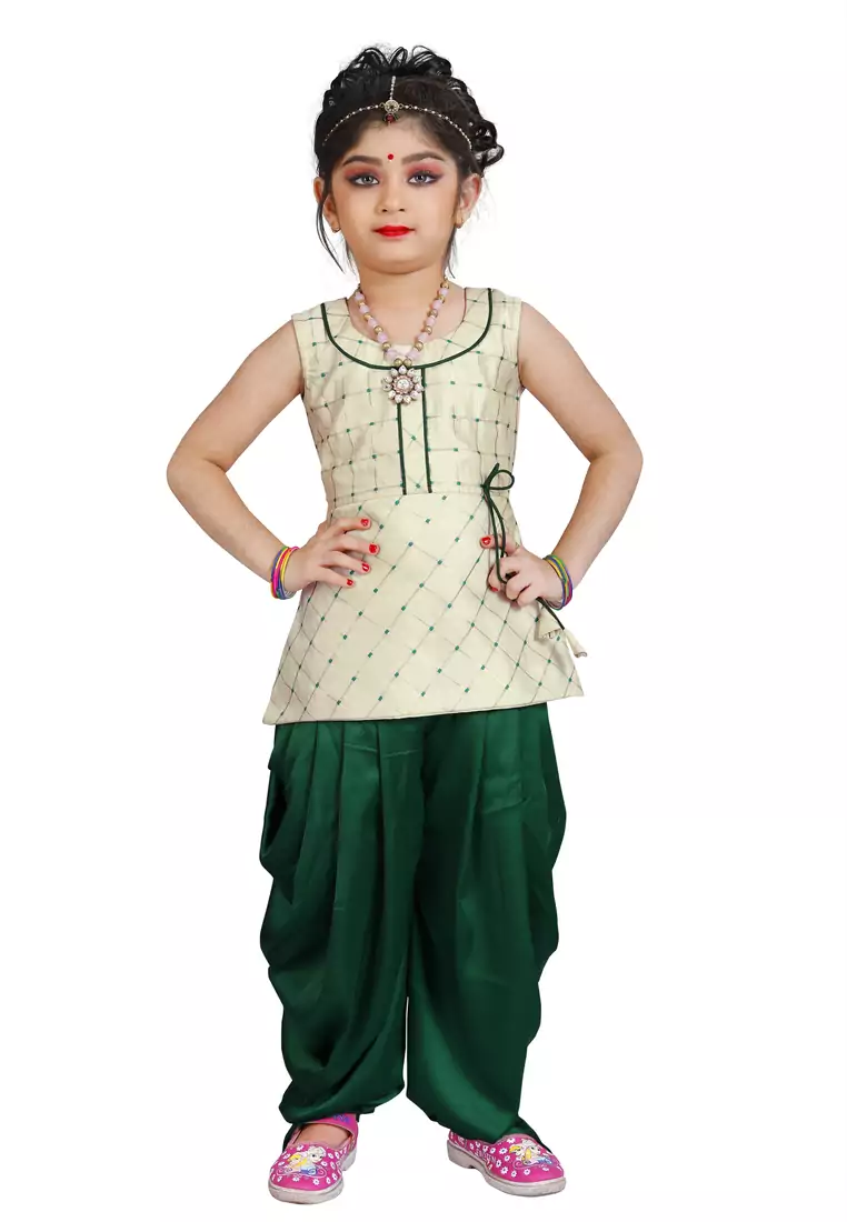 Kids Cotton Silk White Top And Green Patiala Salwar Suit Dress For Girls 