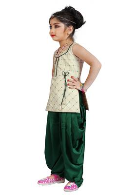 Kids Cotton Silk White Top And Green Patiala Salwar Suit Dress For Girls  2