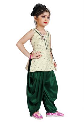 Kids Cotton Silk White Top And Green Patiala Salwar Suit Dress For Girls  3