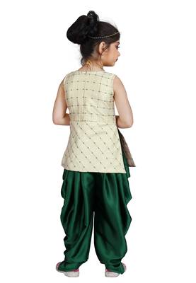 Kids Cotton Silk White Top And Green Patiala Salwar Suit Dress For Girls  4