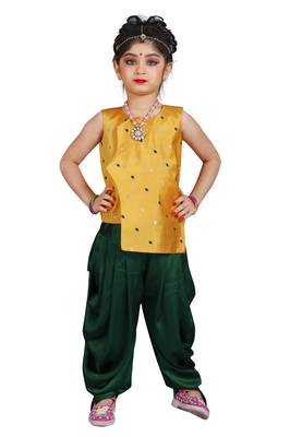 Kids Yellow Top And Green Patiala Salwar Suit Dress For Girls  1