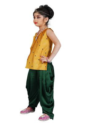 Kids Yellow Top And Green Patiala Salwar Suit Dress For Girls  2