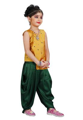 Kids Yellow Top And Green Patiala Salwar Suit Dress For Girls  3