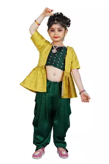 Kids Yellow Top And Green Patiala Salwar Suit Dress For Girls