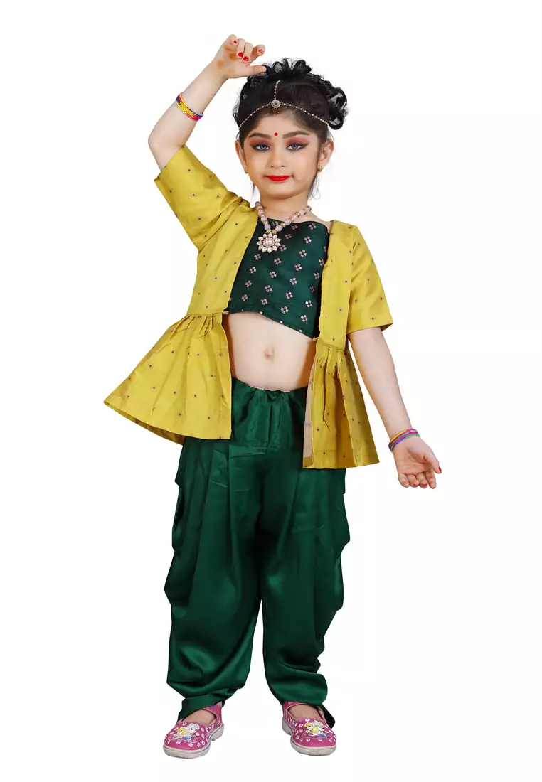 Kids Yellow Top And Green Patiala Salwar Suit Dress For Girls