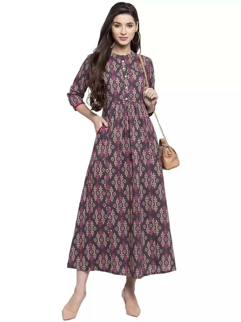 Indibelle Grey printed cotton long-dresses