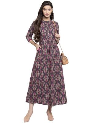 Grey printed cotton long-dresses 3