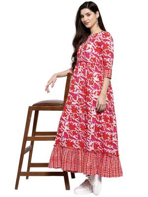 Red printed cotton long-dresses 1