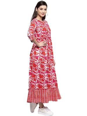 Red printed cotton long-dresses 3
