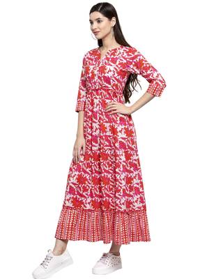 Red printed cotton long-dresses 4