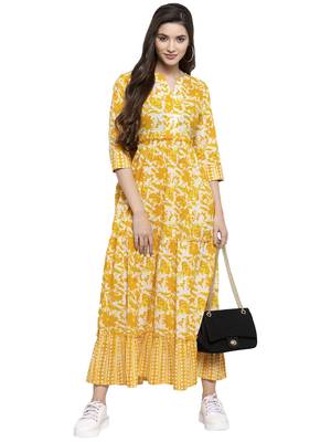 Yellow printed cotton long-dresses 1